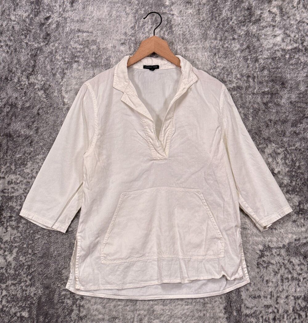 Eileen Fisher Top XS Womens White Linen Blend 3/4 Sleeve Popover Shirt